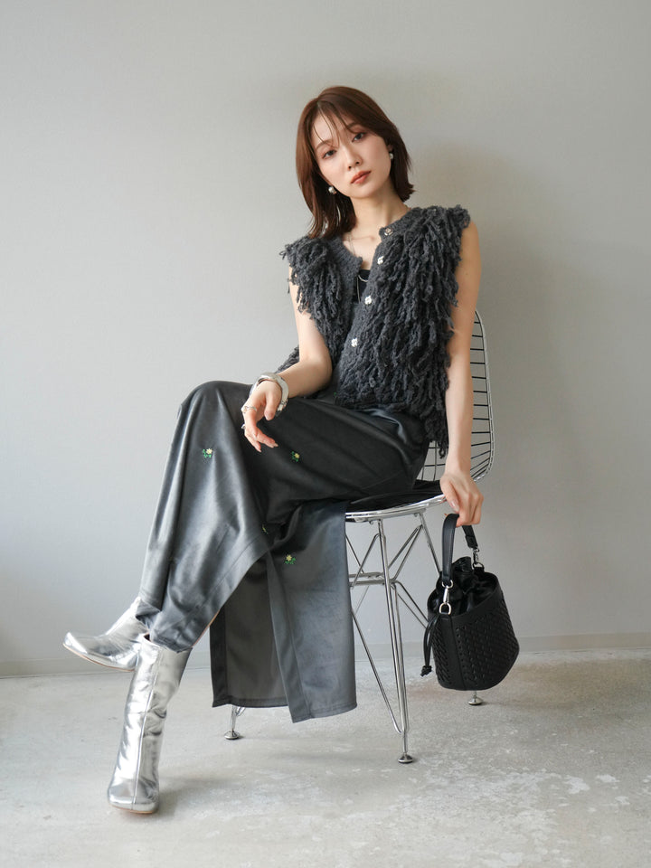 [予約]フラワー刺繍ベロアキャミワンピース/グレー