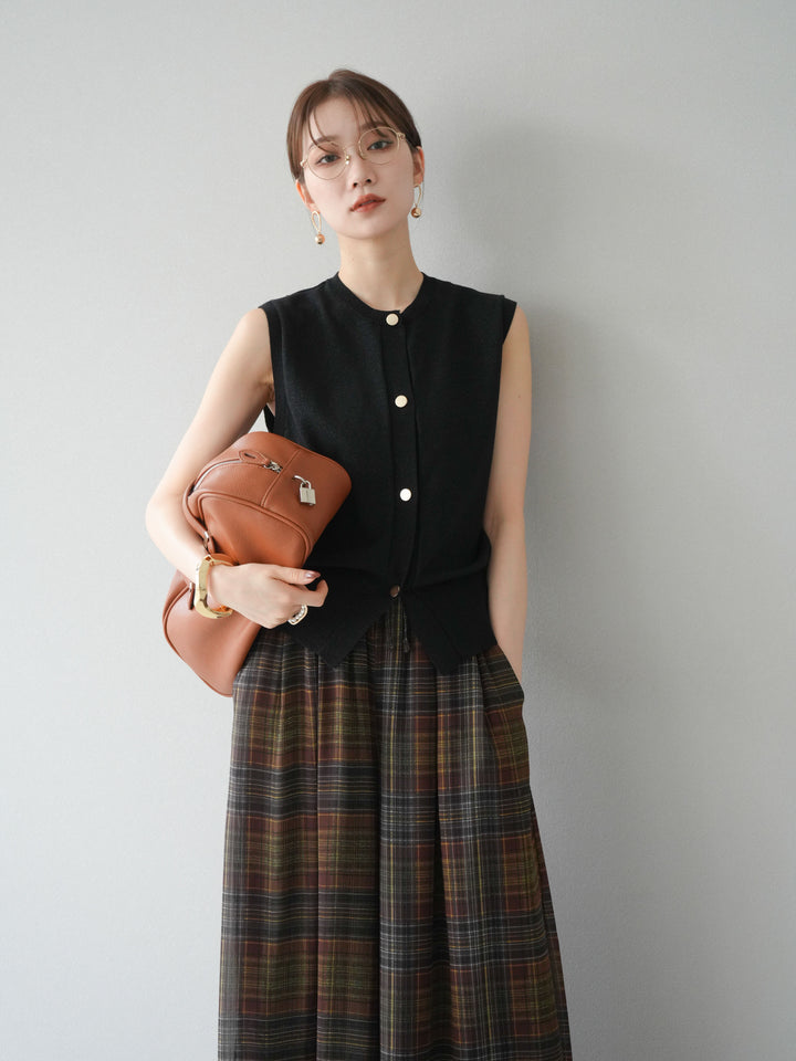 [SET] 金銀絲針織背心 + 透視格紋寬鬆褲 (2 件套)