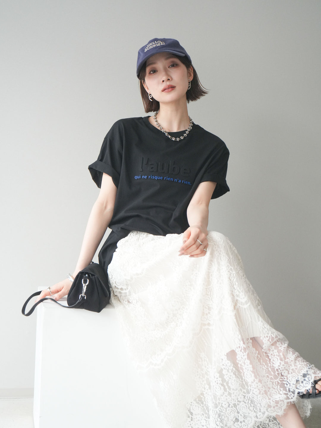 [SET]エンボスロゴTEE+裏プリーツ総レースロングスカート(2set)