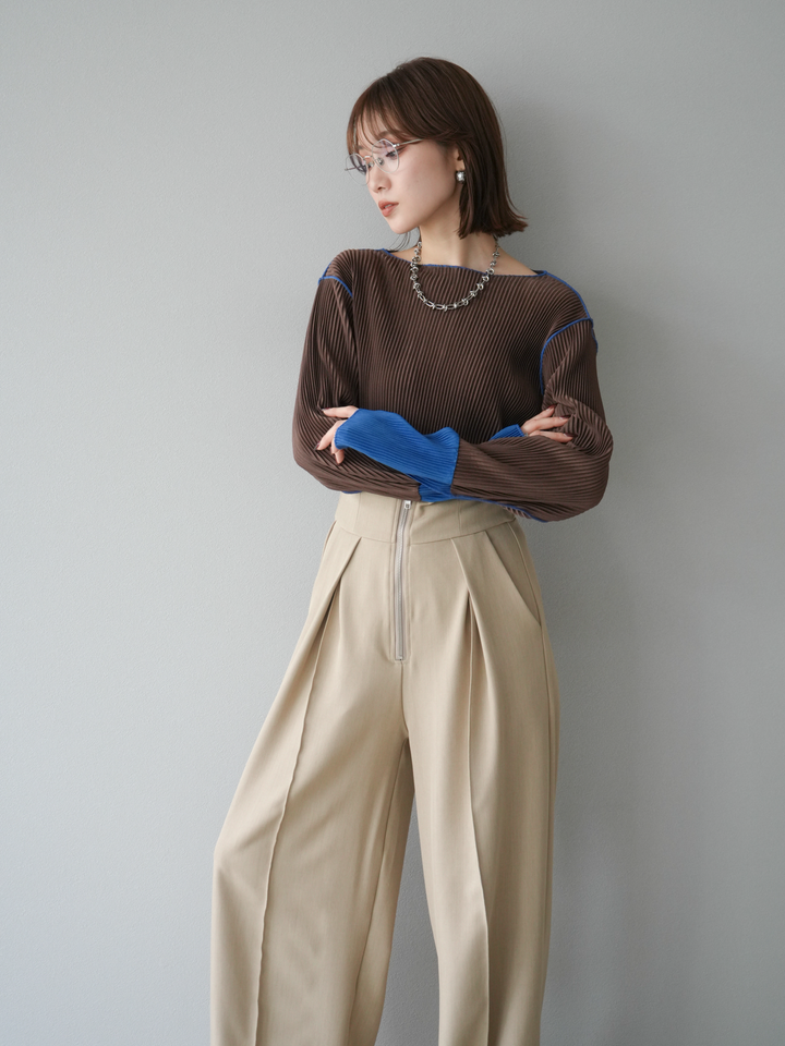 [予約]バイカラープリーツトップス/ブラウン