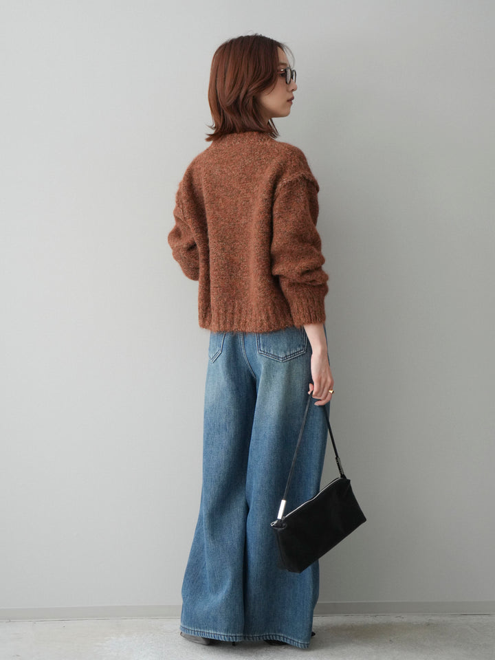 [SET]ミックスヤーンダブルZIPニットカーディガン+ベルト付裏起毛カーブデニムパンツ(2set)