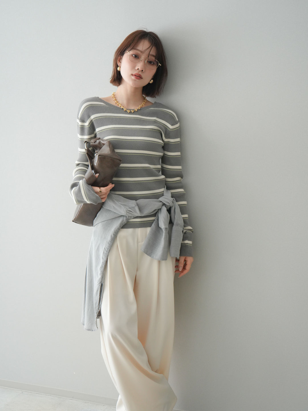 [予約]バックオープンテレコリブマルチボーダートップス/gray