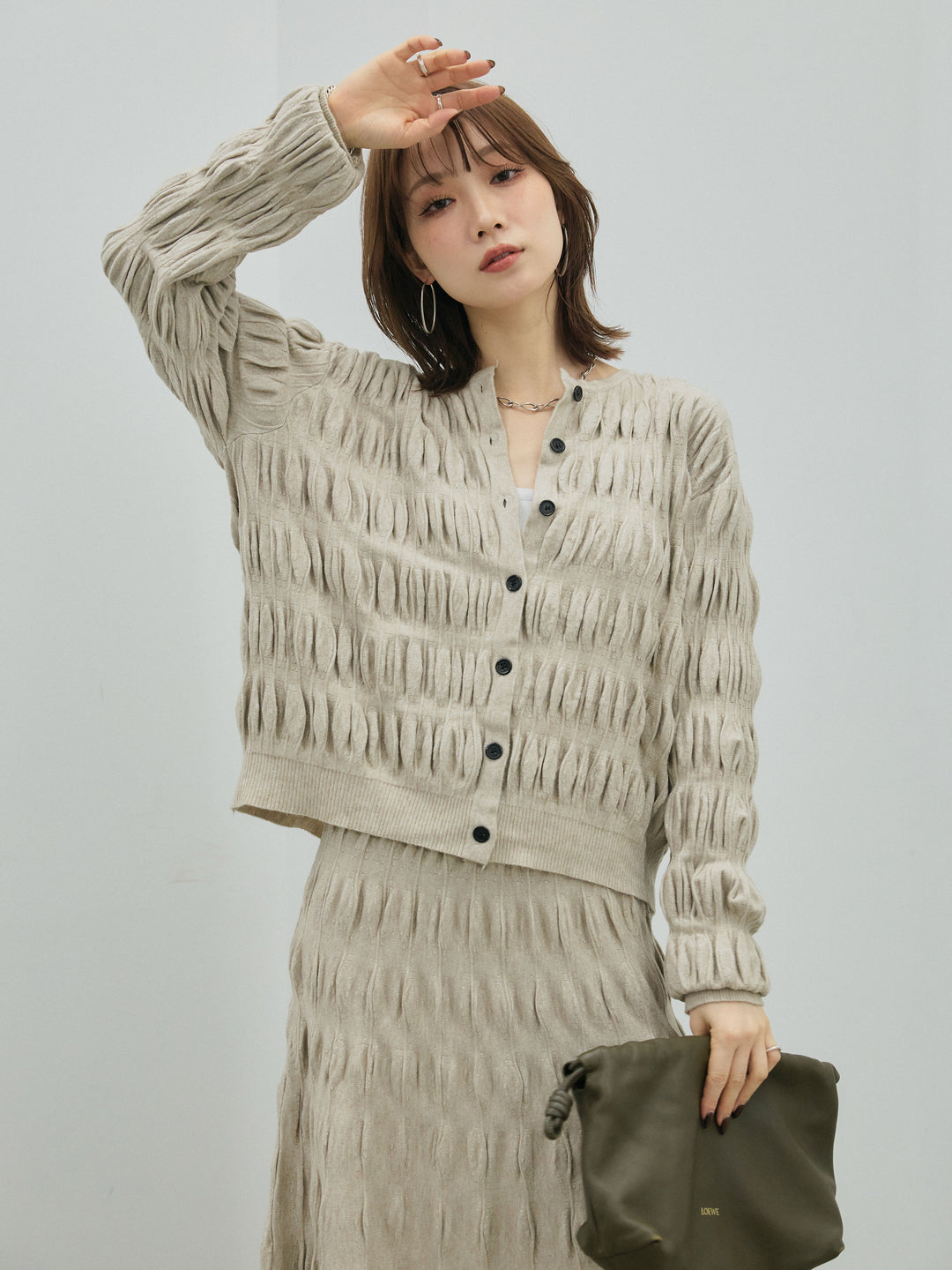 【Allure】[SET]シャーリングニットカーディガン&ニットスカートSET UP+シャーリングニットカーディガン&ニットスカートSET UP(2set)