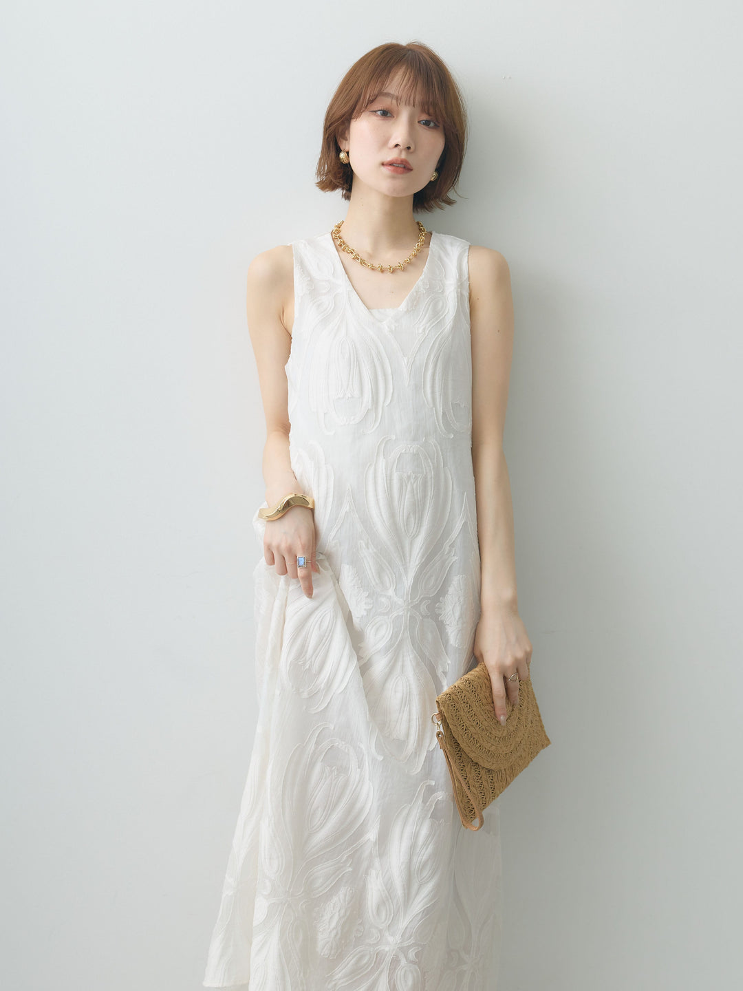 [予約]Vネックシアージャガードノースリワンピース/white