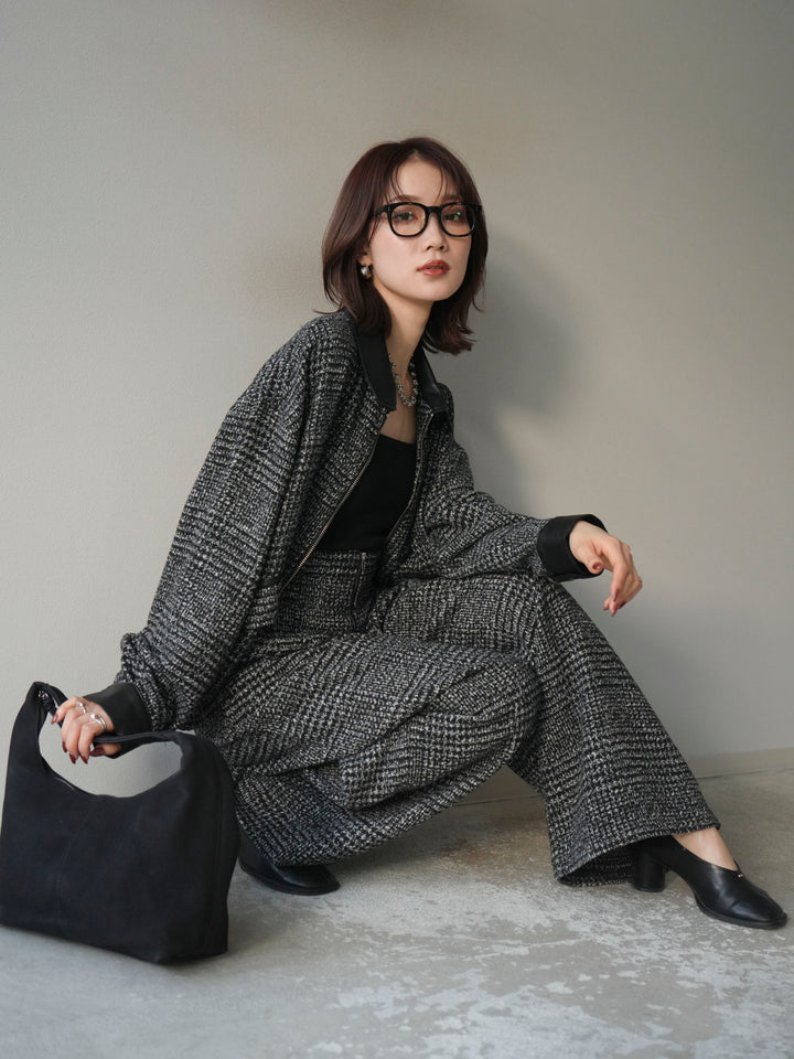 [予約]レザー襟ミックスツイードジャケット/black
