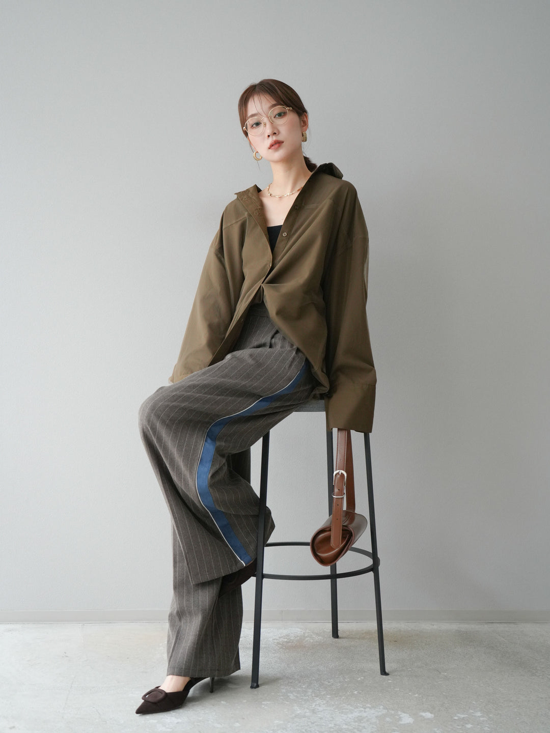 [予約]サイドラインストライプワイドパンツ/ブラウン