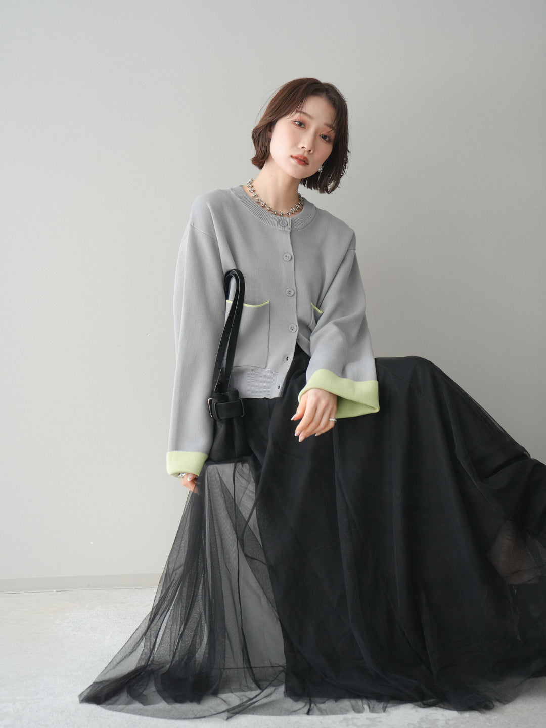[SET]レーヨンポリダブルフェイスニットカーディガン+チュールボリュームスカート(2set)