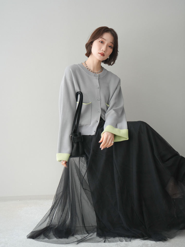 [SET]レーヨンポリダブルフェイスニットカーディガン+チュールボリュームスカート(2set)