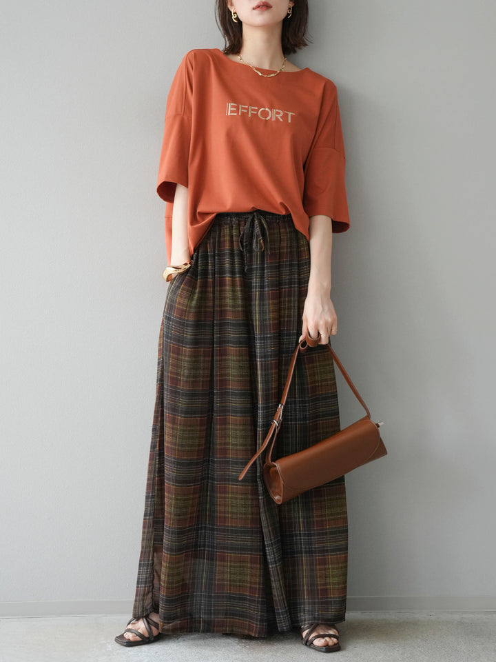 [套裝] 不同材質金屬標誌刺繡 x 印花T卹 + 透視格紋寬鬆褲（2 件套）