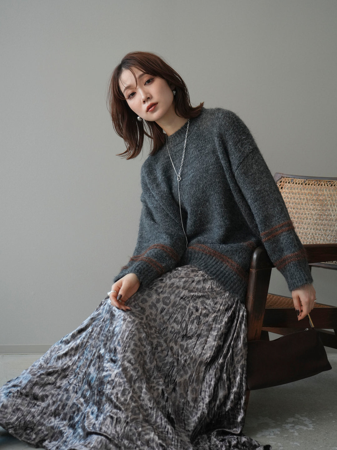 [予約]クルーネックラインボーダーニットプルオーバー/gray