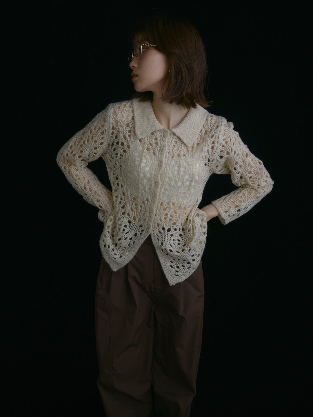 [予約]ローゲージ透かし編みポロニッカーディガン/アイボリー