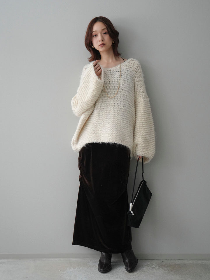 [SET]ワッフル編みシャギーニットプルオーバー+ギャザーベロアスカート(2set)