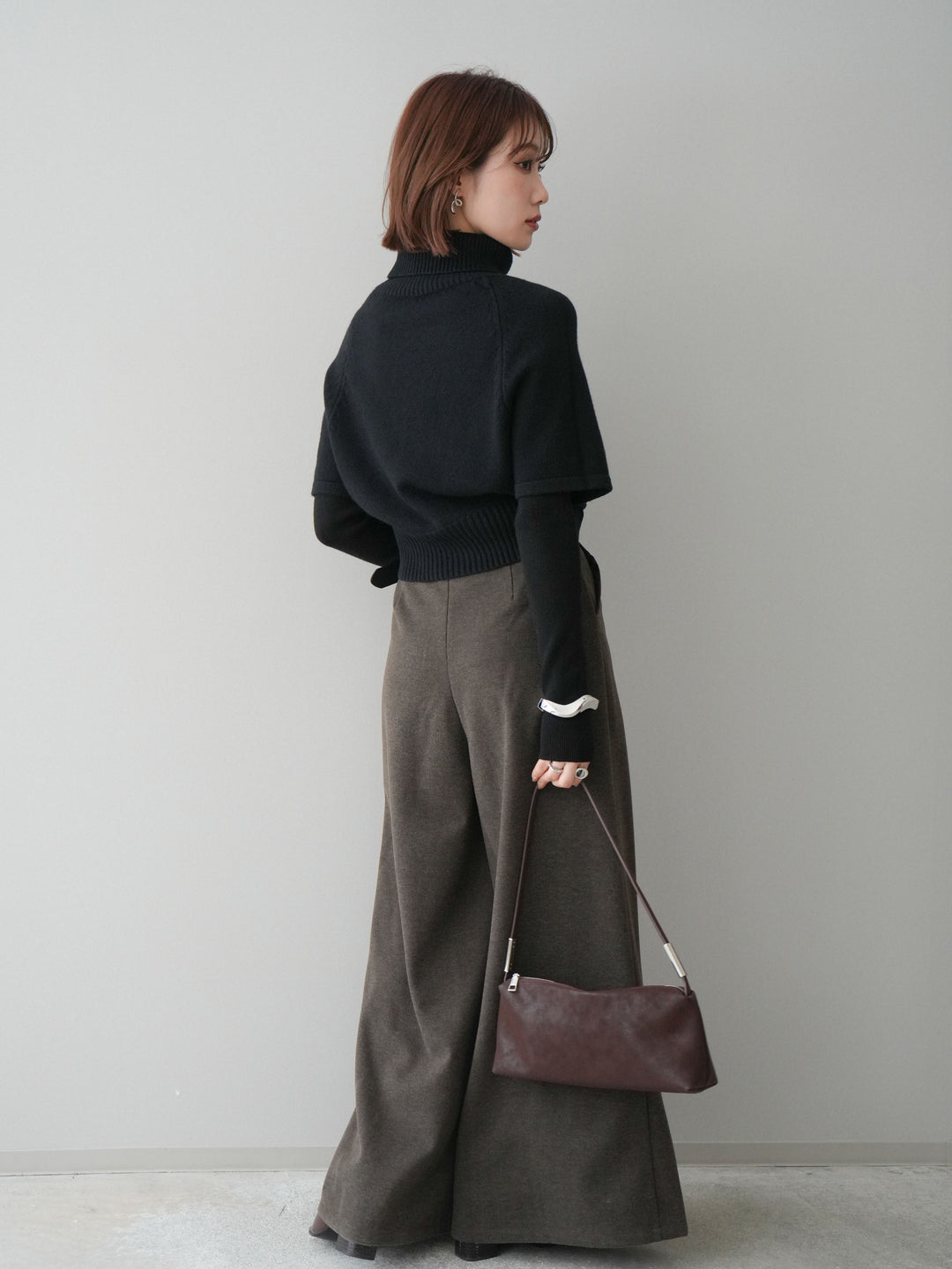 [予約]ベルト付きフロントタックワイドパンツ/brown