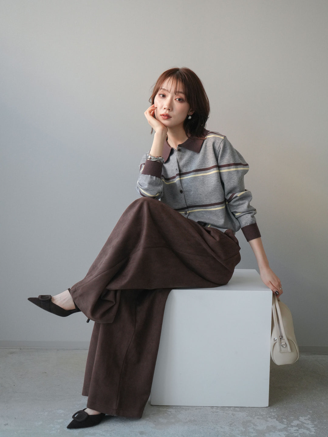 [予約]配色マルチボーダーポロニットカーディガン/gray