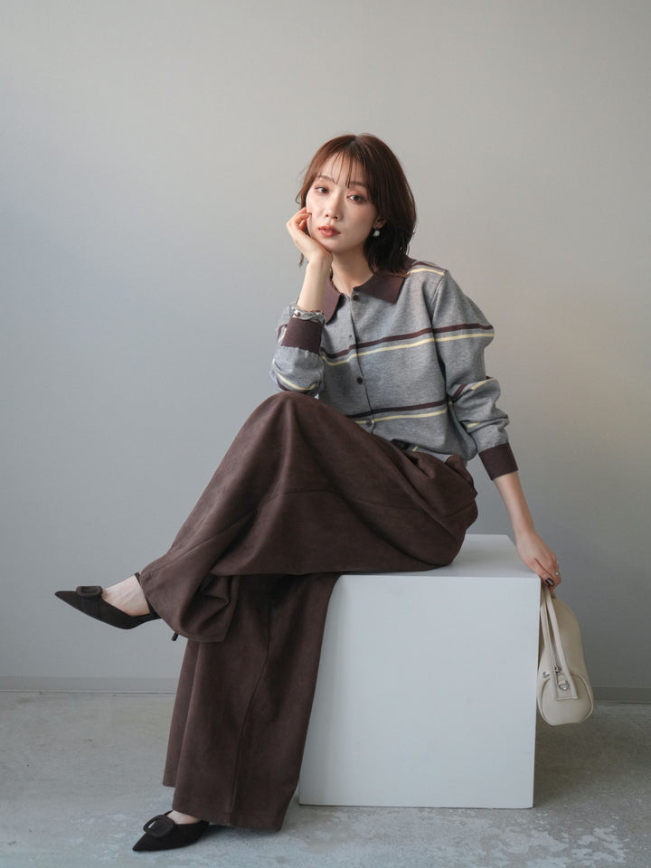 [予約]配色マルチボーダーポロニットカーディガン/gray