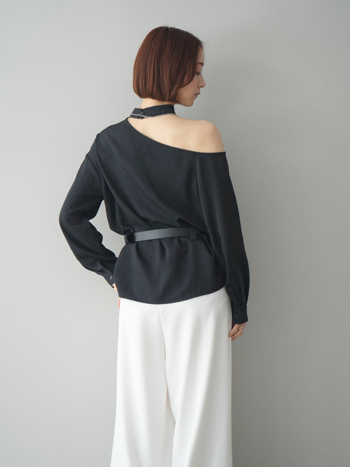 [SET]ベルト付ワンショルダースリットブラウス+編み込みベルト付タックワイドパンツ(2set)