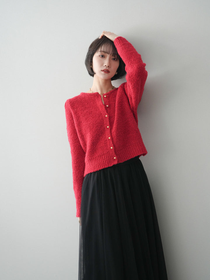 [SET]ゴールドボタンブークレニットカーディガン+チュールボリュームスカート(2set)