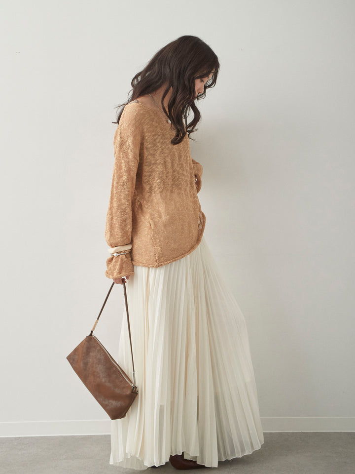 [SET]ネッククラッシュシアーニットトップス+プリーツフレアスカート(2set)