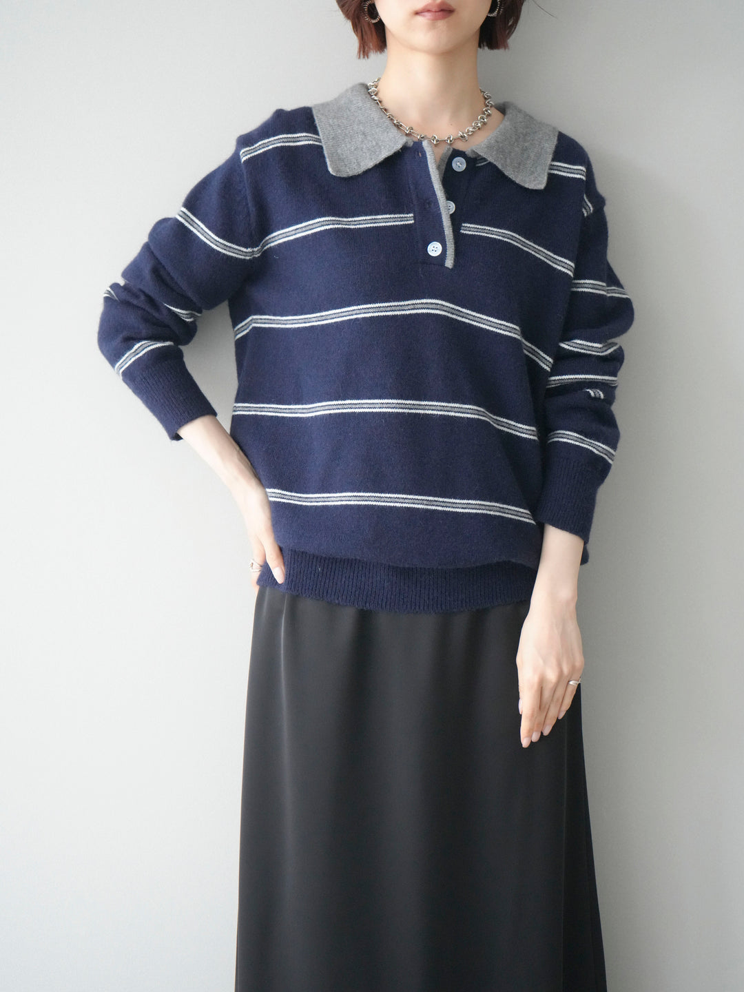 [予約]バイカラーボーダーポロニットプルオーバー/navy