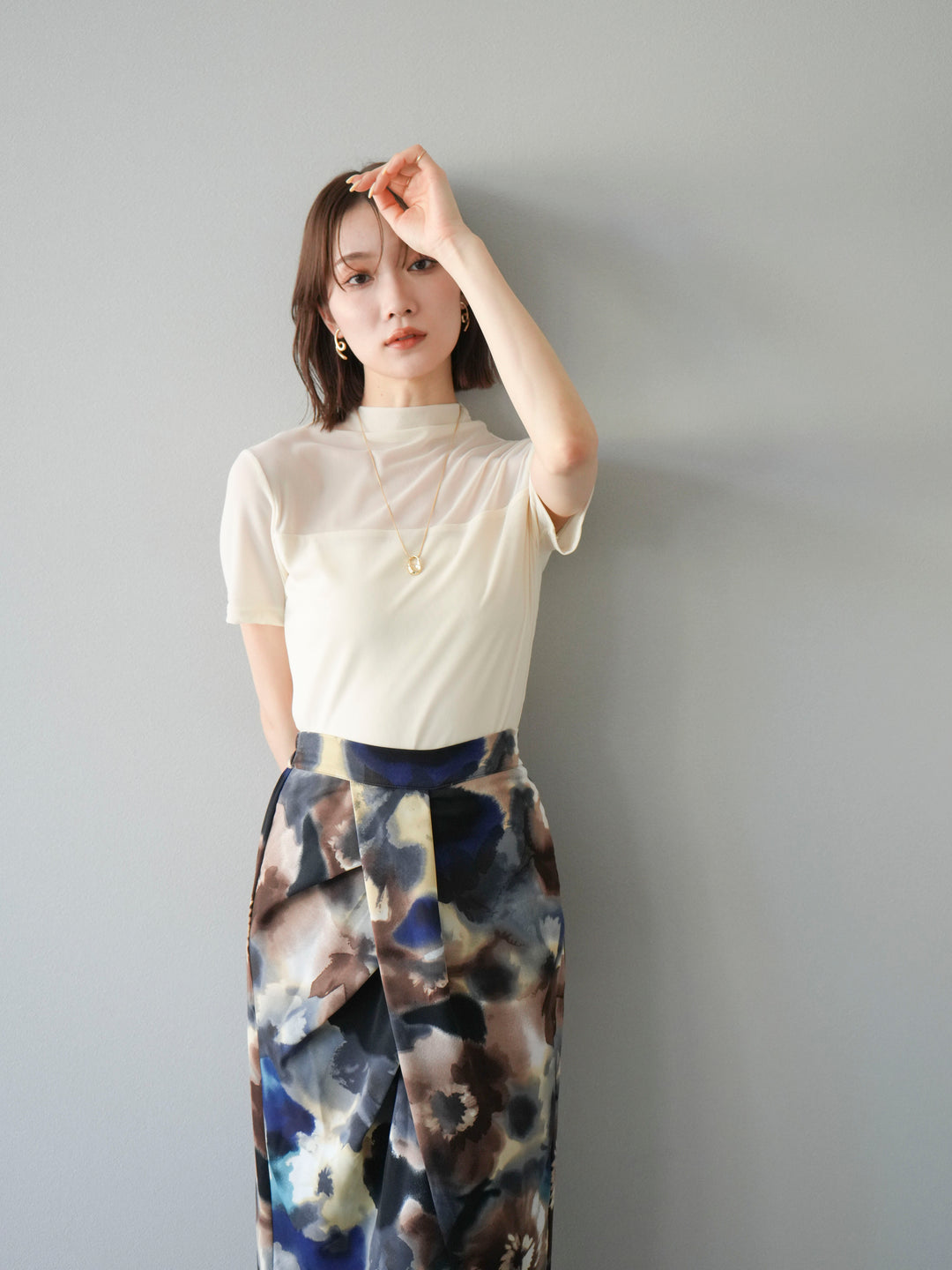 [SET] 透視半袖上衣 + 水彩印花褶襉I字裙 (2set)