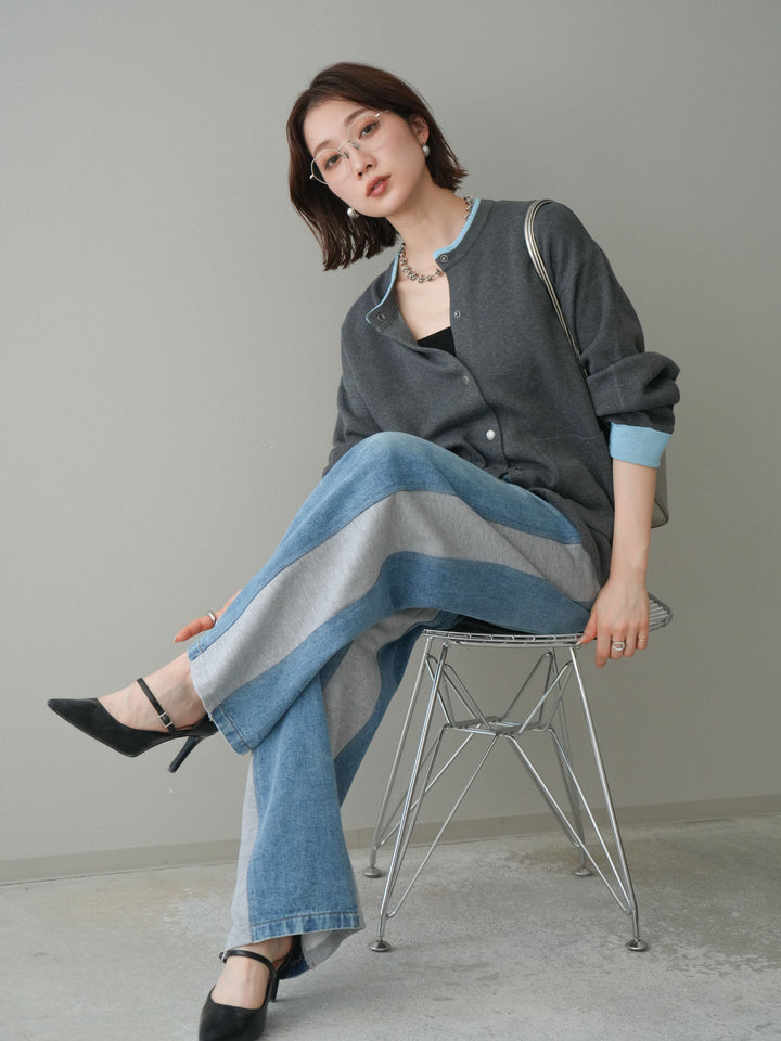 [SET]バイカラーオーバーニットカーディガン+デニム切替スウェットパンツ(2set)