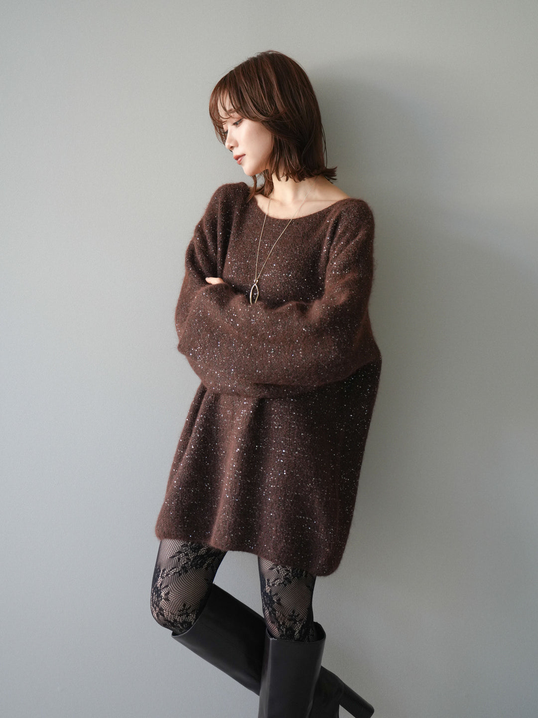 [SET]スパンコールミニシャギーニットチュニック+選べるアクセセット(2set)