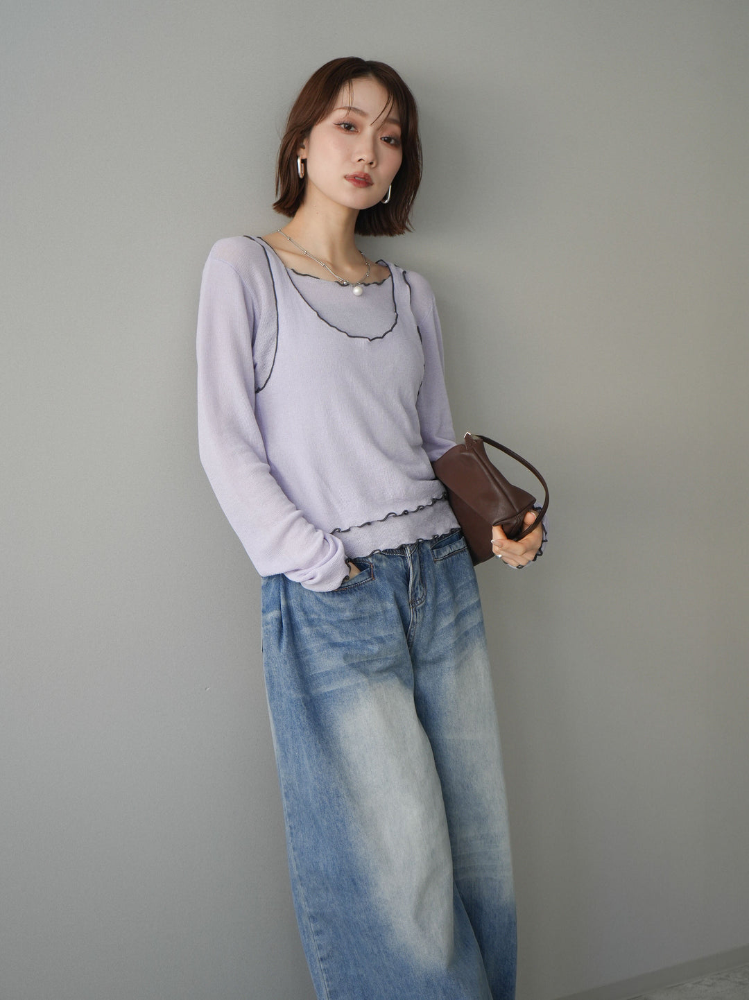 [SET]バイカラーメローアンサンブルシアーニットトップス+選べるアクセセット(2set)