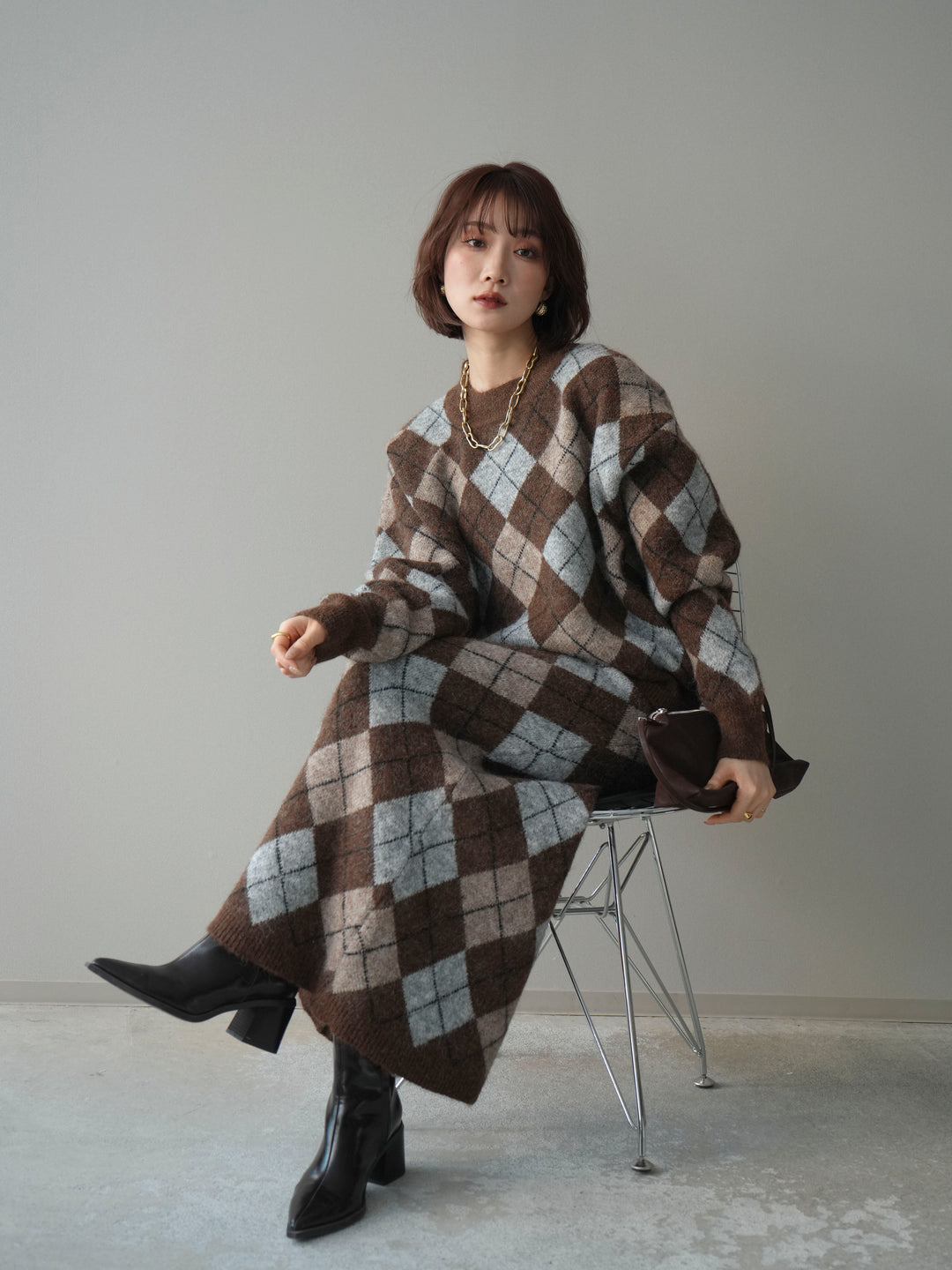 [SET]アーガイルニットプルオーバー&ロングスカートSET UP+選べるアクセセット(2set)