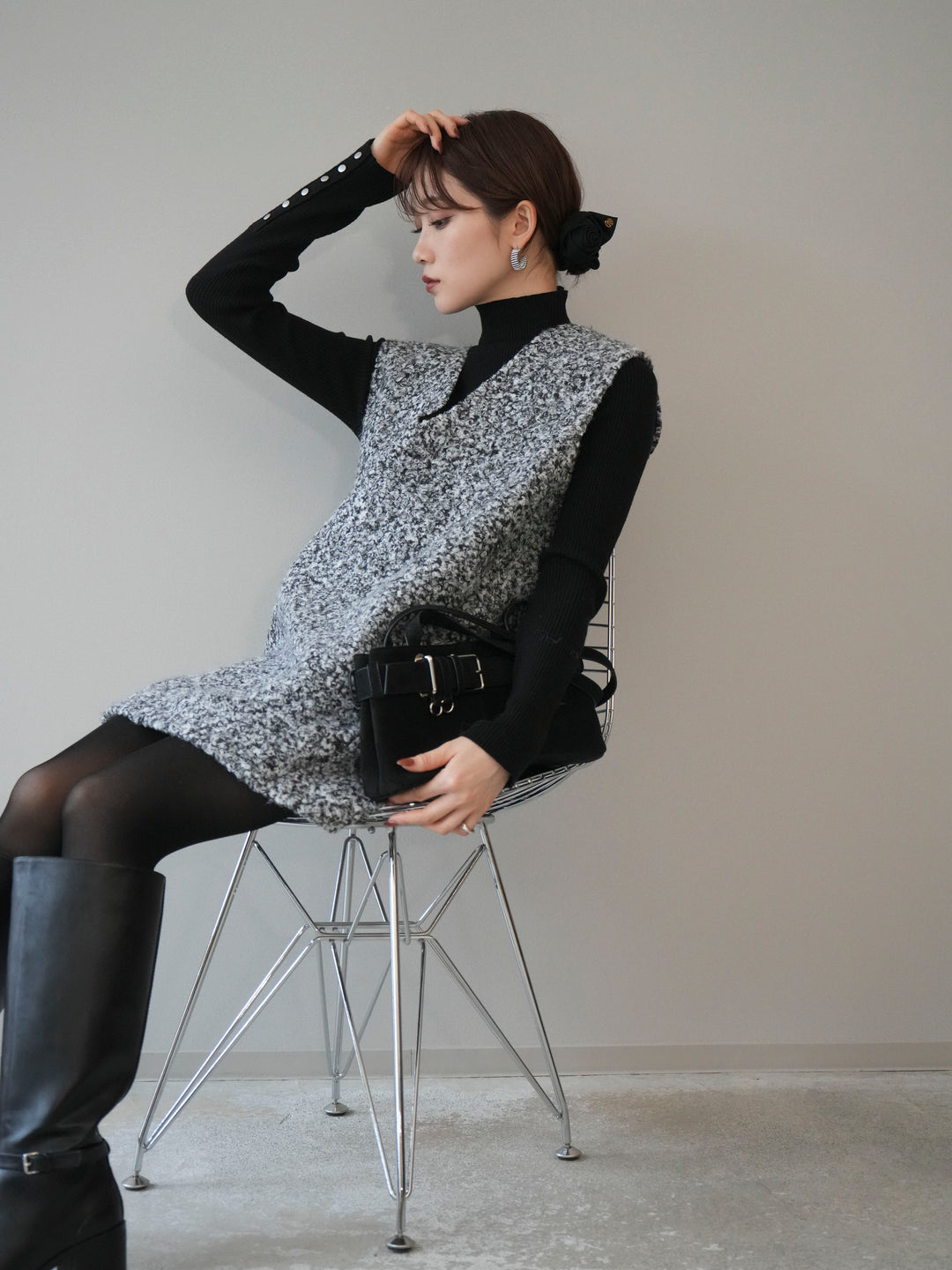 [予約]ミックスループヤーンニットミニワンピース/gray