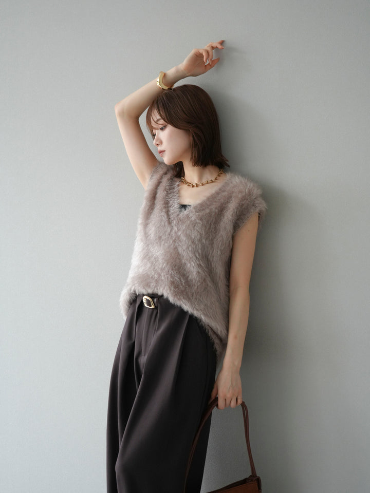 [SET]ラメシャギーVネックニットベスト+ベルトループデザインワイドパンツ(2set)