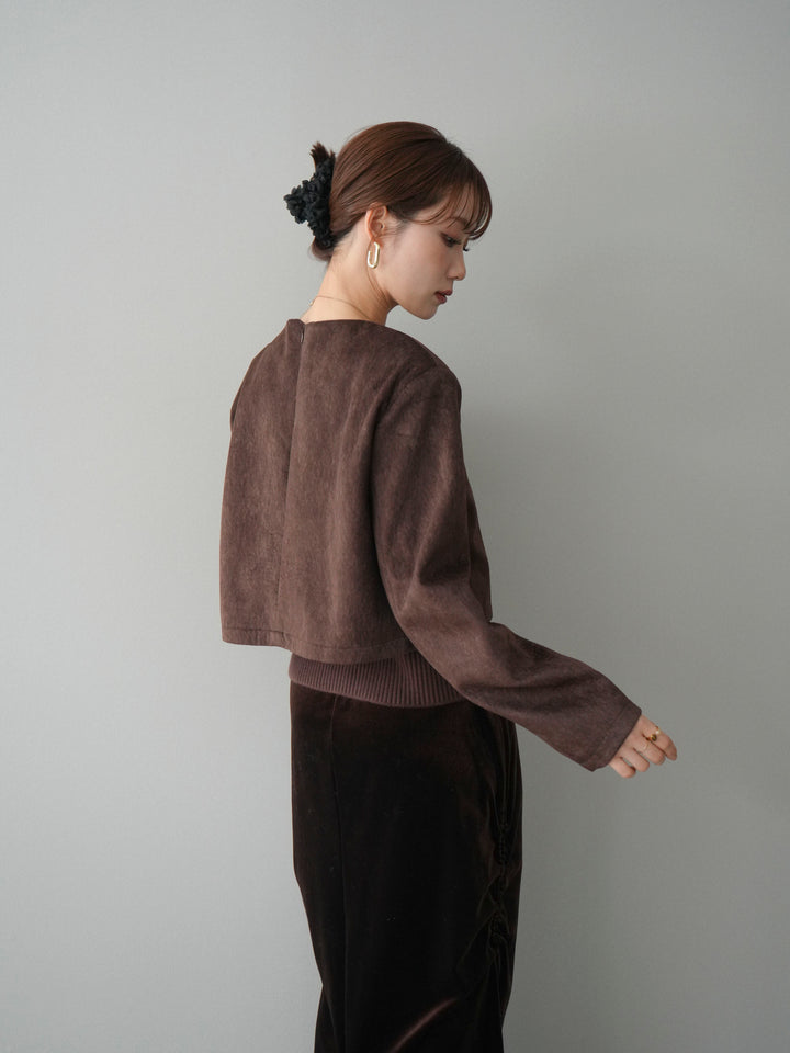 [予約]リブニットレイヤードスエードプルオーバー/brown