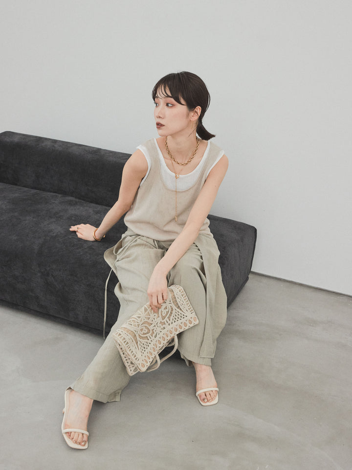 [SET]バイカラーレイヤードニットタンクトップ+ワッシャーサテンレイヤードスカートパンツ(2set)