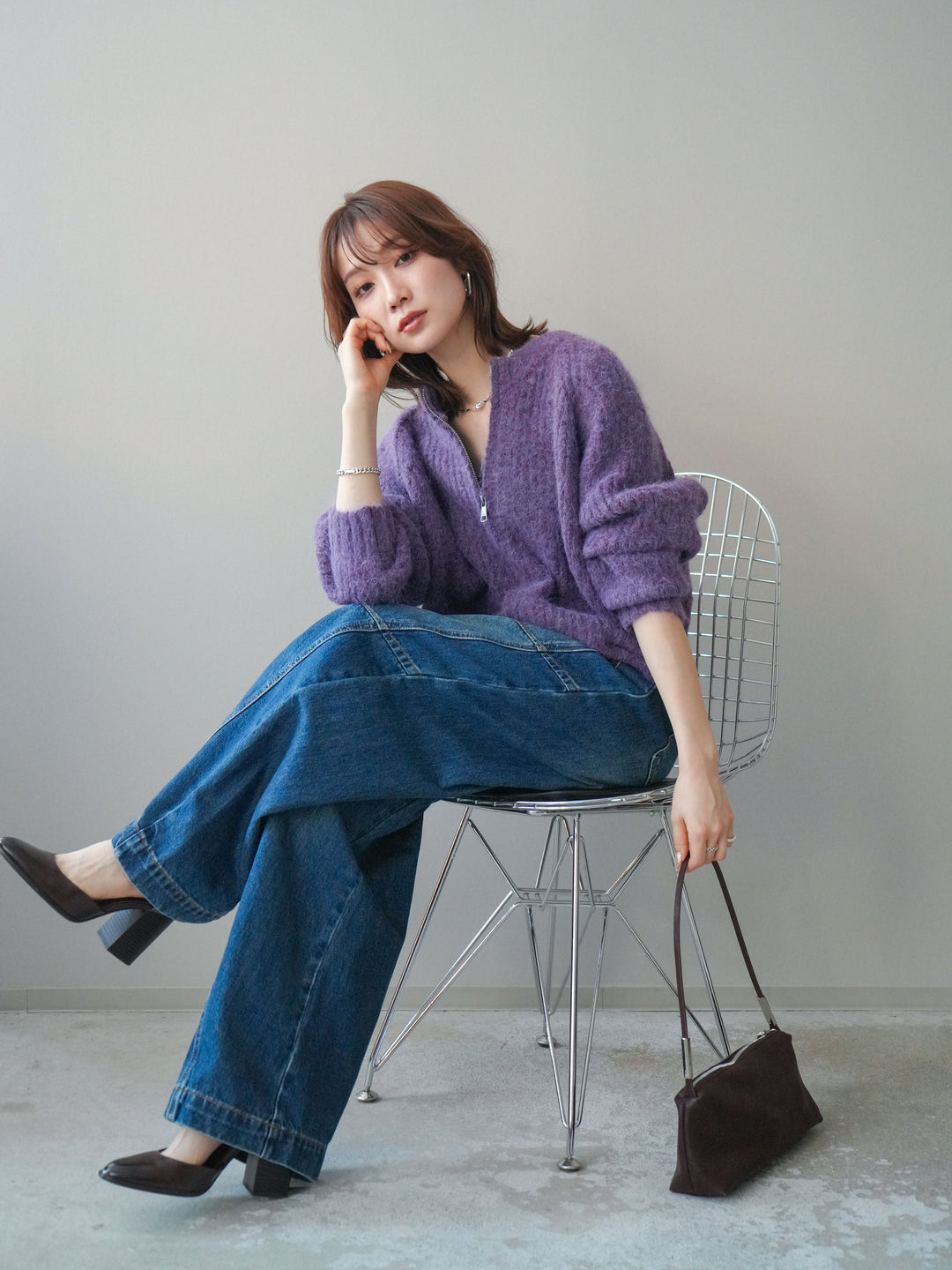 [予約]MIXヤーンモヘアタッチZIPニットカーディガン/purple