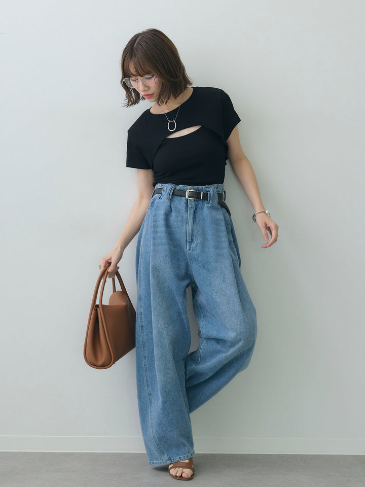 [SET]フロントオープンレイヤードトップスセット+ハイウエストベルトループデザインデニムパンツ(2set)