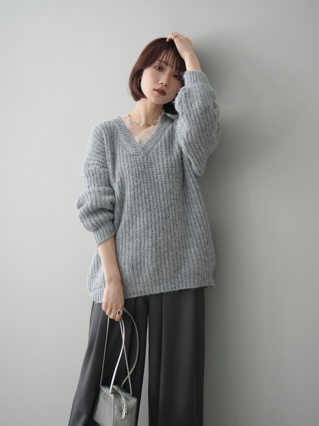 [SET]Vネックレースニットプルオーバー+ベルトループデザインワイドパンツ(2set)