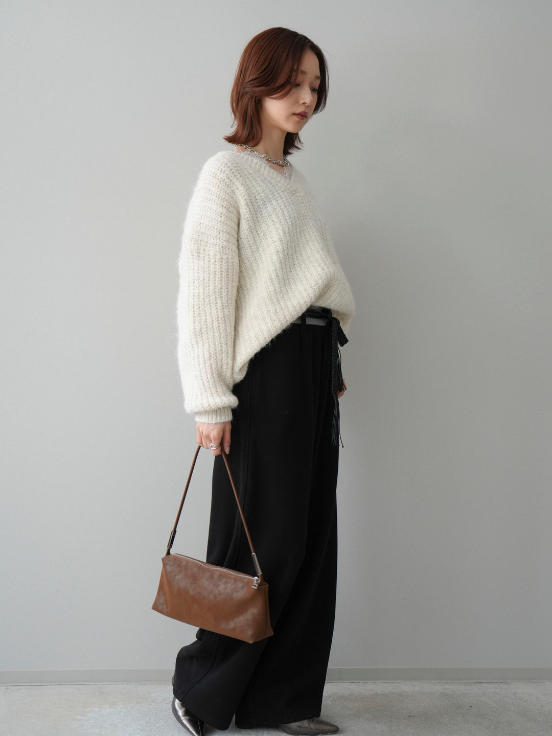 [SET]Vネックレースニットプルオーバー+編み込みベルト付きウエスト配色スエットパンツ(2set)