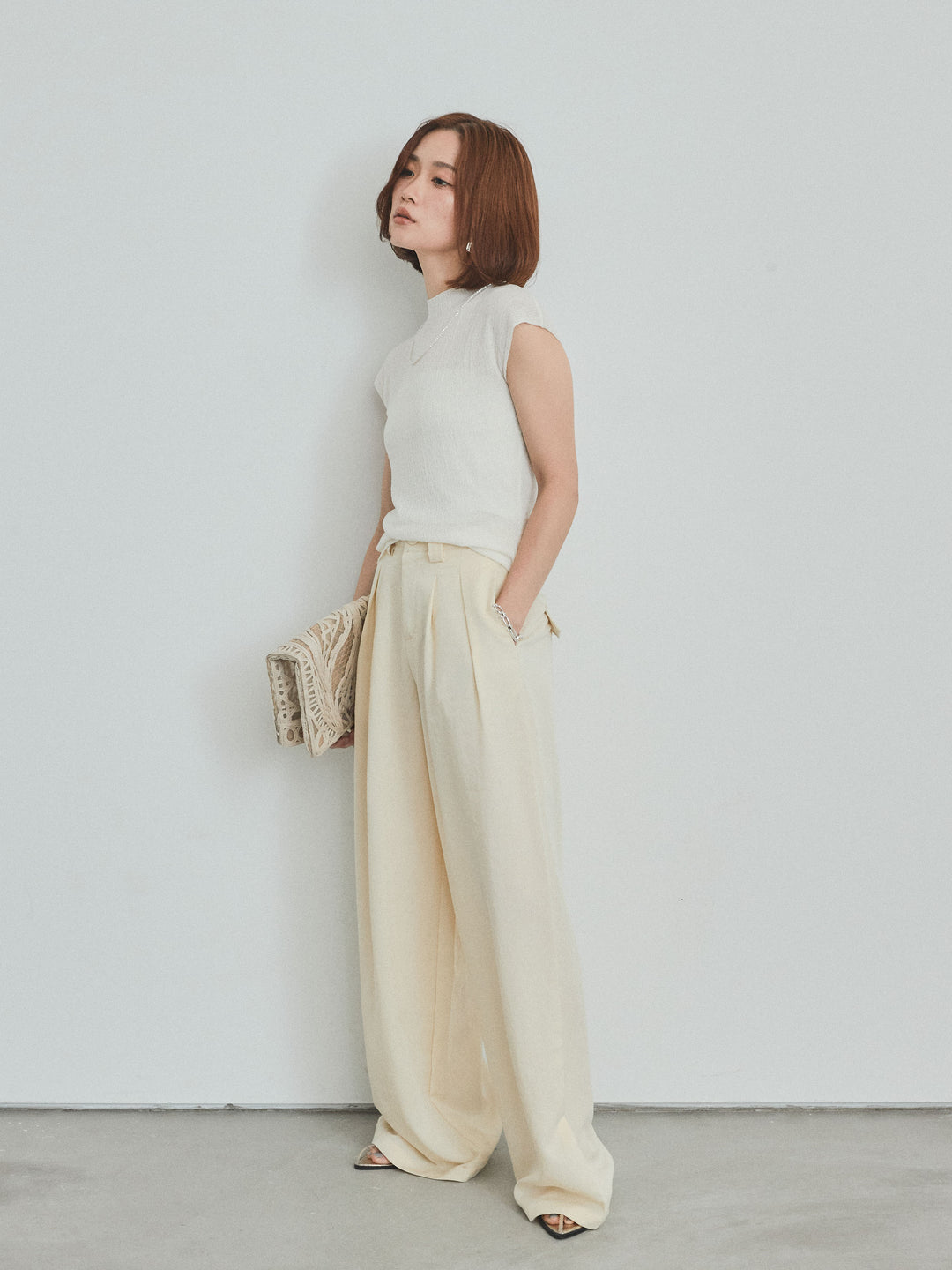 [SET] 法式袖透視針織上衣 + 亞麻觸感褶皺寬褲 (2set)
