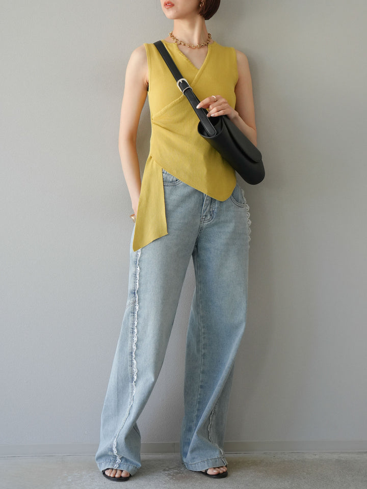 [SET]カシュクールノースリーブニットトップス+ラインレースデニムパンツ(2set)