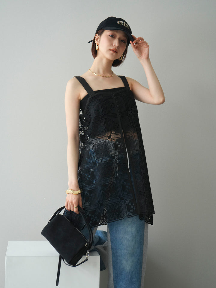 [SET]配色パネルレースキャミソール+デニム切替スウェットパンツ(2set)