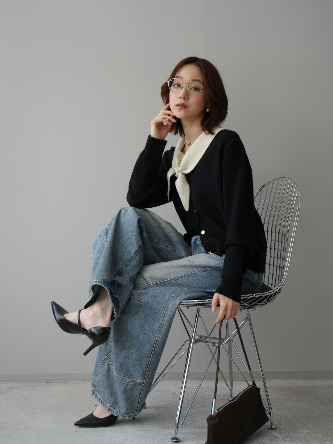 [SET]デザイン襟ニットカーディガン+ベルト付カーブデニムパンツ(2set)