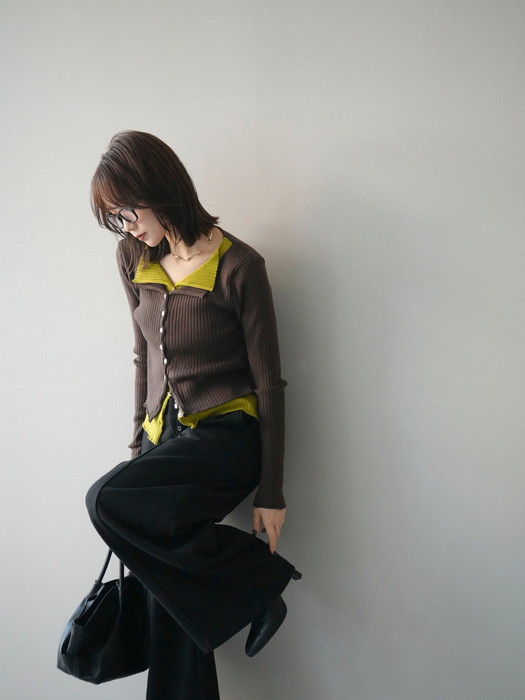 [予約]配色レイヤードリブニットカーディガン/brown