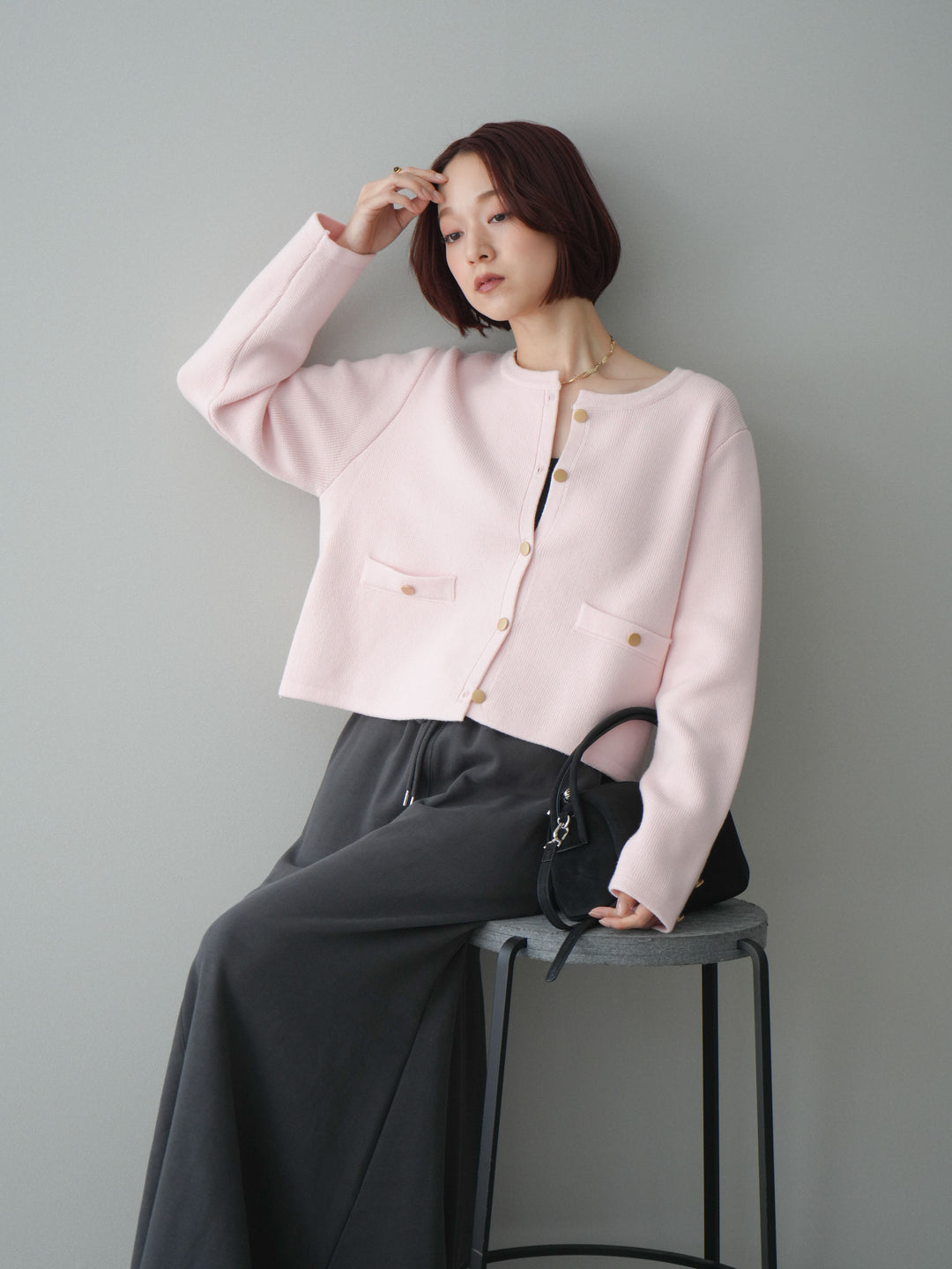 [SET]ゴールドボタンノーカラーニットジャケット+選べるアクセセット(2set)