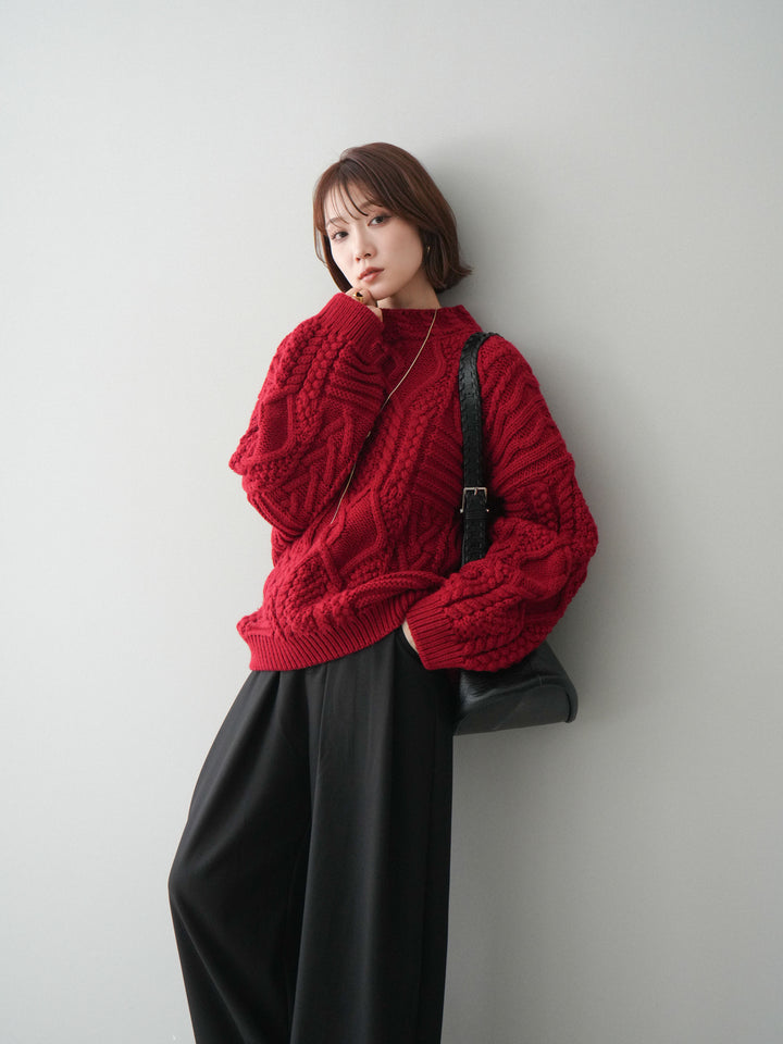 [SET]ケーブル編みモックネックニットプルオーバー+選べるアクセセット(2set)