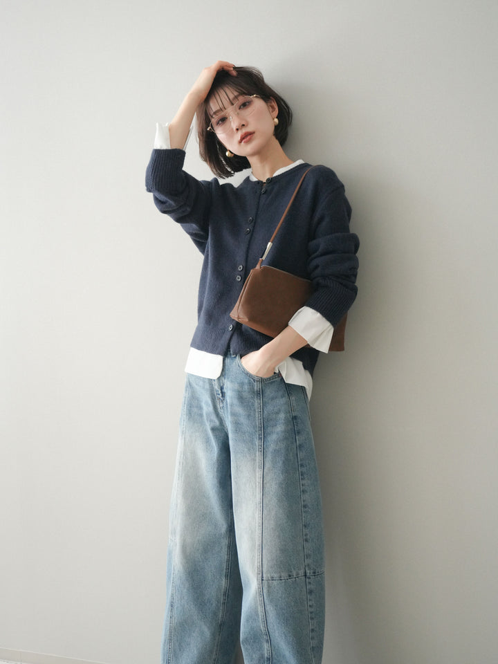 [SET]布帛ドッキングニットカーディガン+ガーメントウォッシュカーブデニムパンツ(2set)