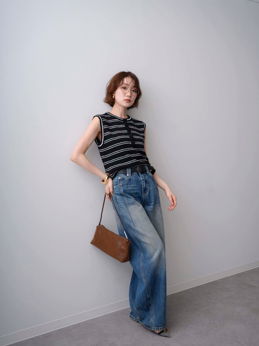 [SET]ボーダーヘンリーノースリニットトップス+立体カーブデニムパンツ(2set)