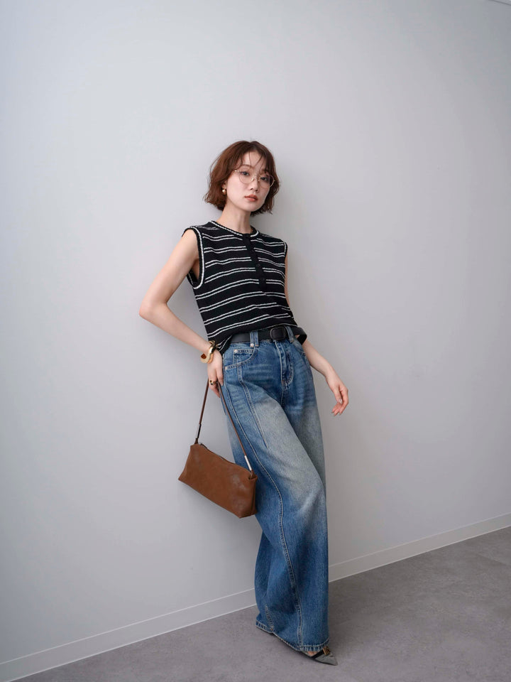 [SET]ボーダーヘンリーノースリニットトップス+立体カーブデニムパンツ(2set)