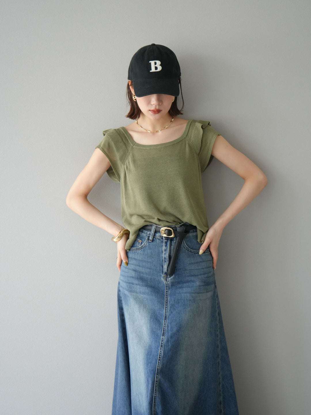 [予約]リネンタッチフリルニットタンクトップ/カーキ