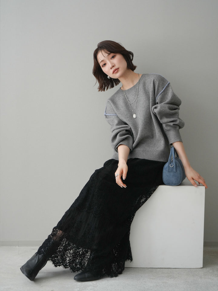 [予約]バックロゴ刺繍配色ステッチニットプルオーバー/gray