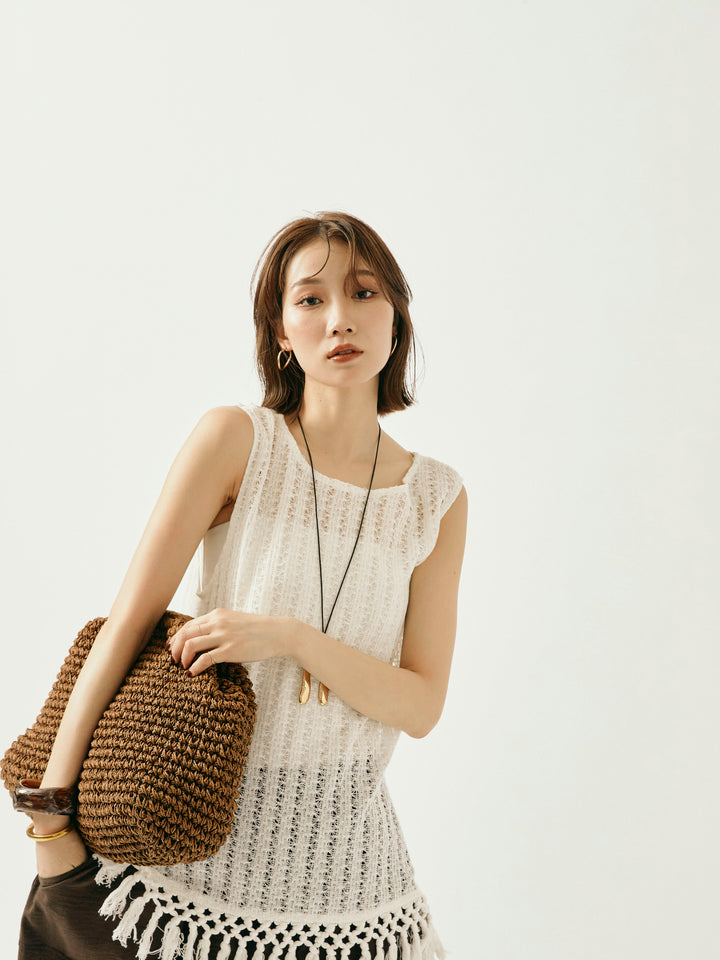 [予約]フリンジ透かし編みニットベスト/ホワイト