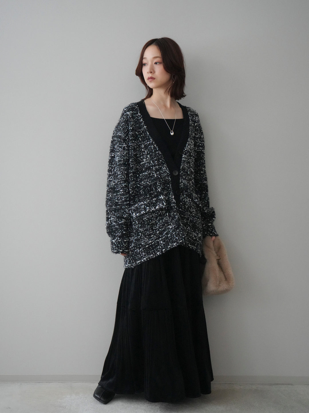 [SET]モールネップニットカーディガン+ベロアティアードワッシャースカート(2set)